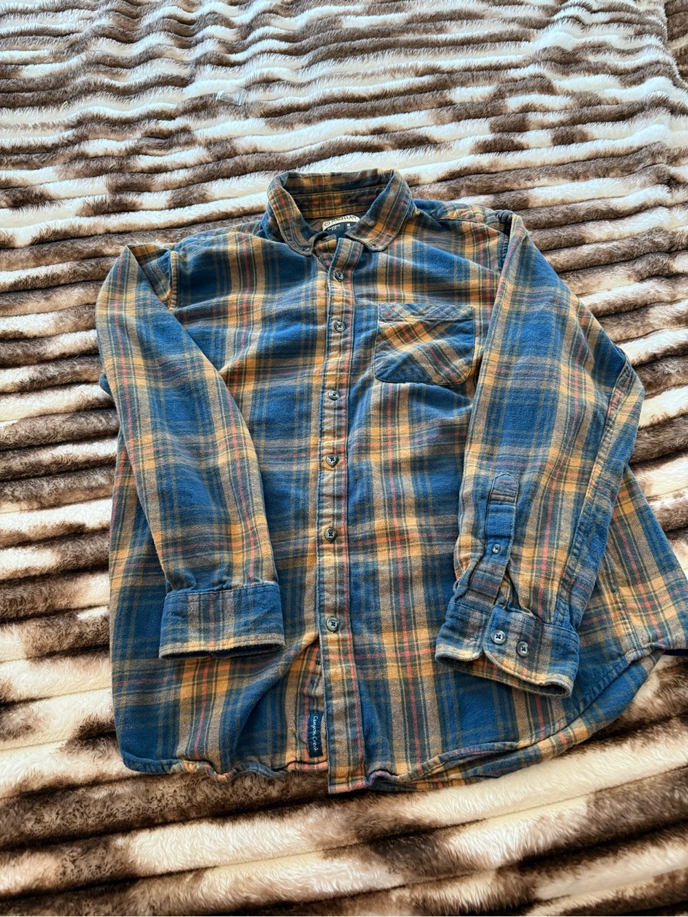 Magellan Outdoors Blue and Tan Plaid Button-Down Shirt